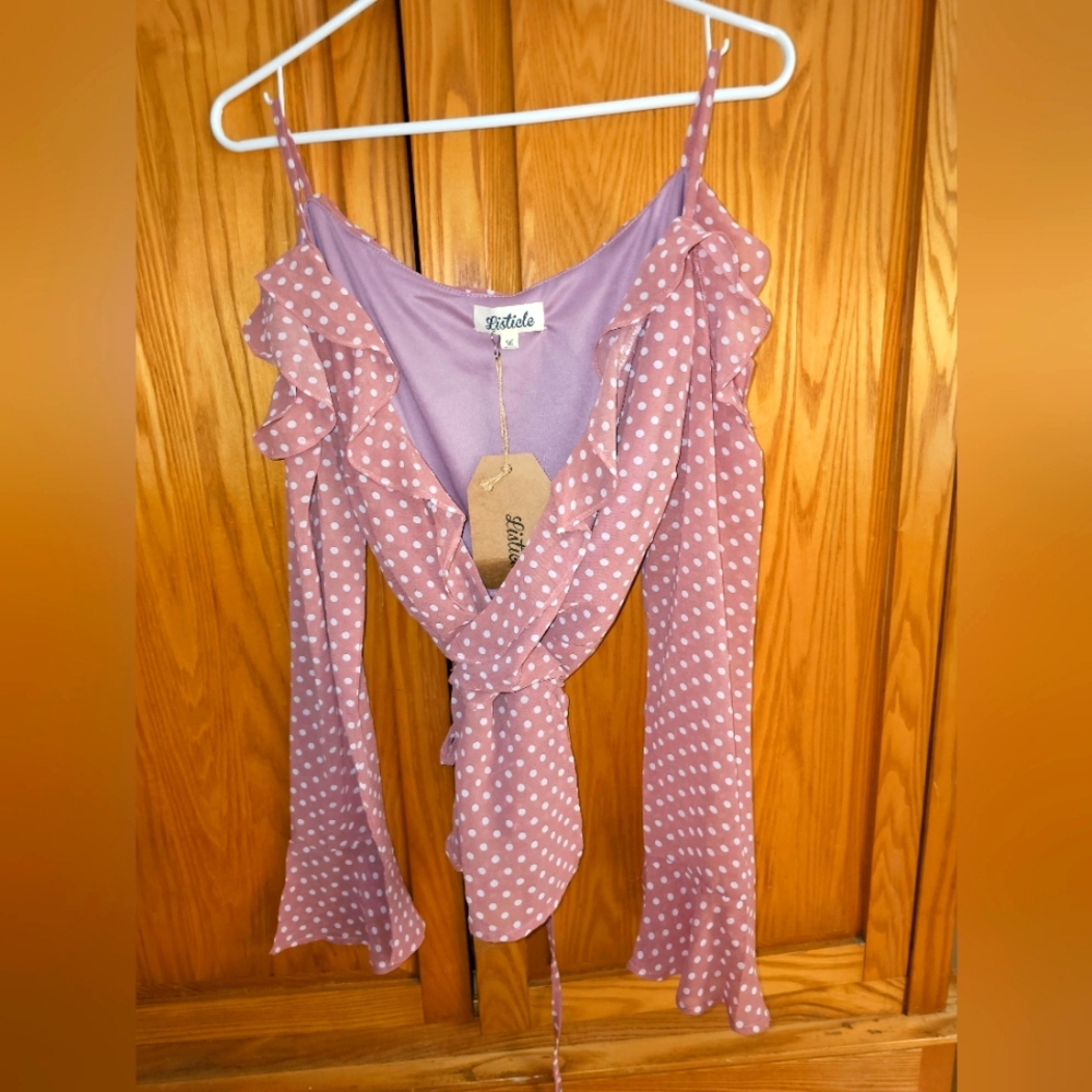 NWT Beautiful, Flowy Listicle Polka Dot Blush Wrap Blouse
